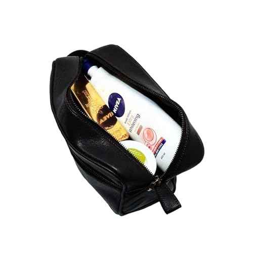 jaald Men's Large Genuine Black Luxury Leather Toiletry Bag Shower Kit Shaving And Grooming Bag For Travel Groomsmen Gift Men Women Hanging Zippered Makeup Bathroom Cosmetic Pouch Make Up Case