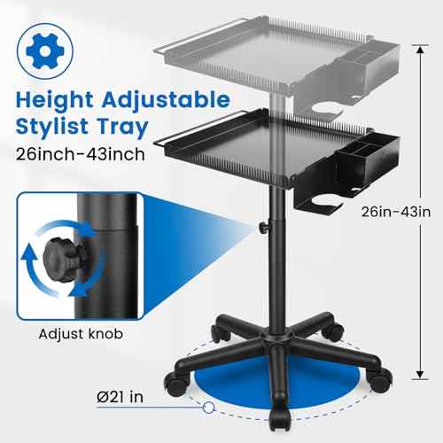 Rolling Salon Tray, Hairstylist Tray on Wheels with Holder and Hair Separator Stand for Salon Station, Salon Tray Cart, Salon Trolley Cart for Salon&Home Use