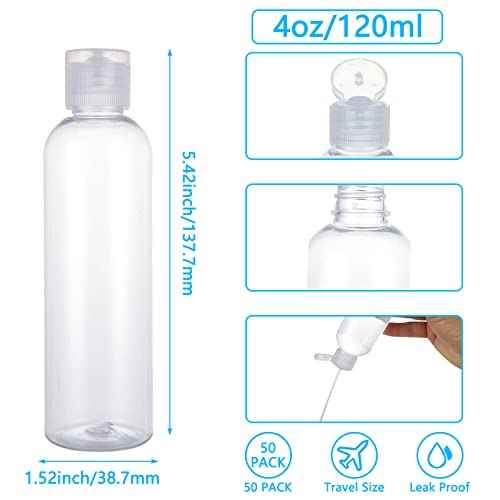 Acrux7 50 Pack 4 oz Plastic Squeeze Bottles with Flip Caps, Clear Refillable Lotion Bottles, Leak Proof Squirt Bottle, Empty Travel Squeeze Bottle for Lotions, Toiletries, Shampoo, Liquid, Creams