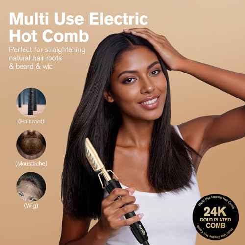 Terviiix Hot Comb for Lace Front Wigs, Curved Teeth Pressing Combs for Black Women Hair, Anti-Scald Straightening Comb, Electric Heat Comb, Temperature Adjustable, 60 Min Auto Shut Off