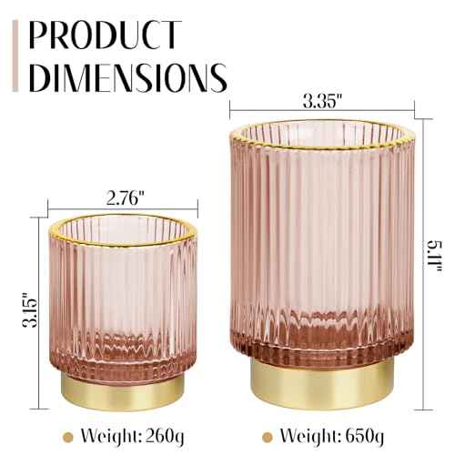 Makeup Brush holder Organizer, Crystal Glass Toothbrush Holders, Striped Make Up Brush Holder for Vanity, Pen Holder for Desk, Vase -Pink (S+L)