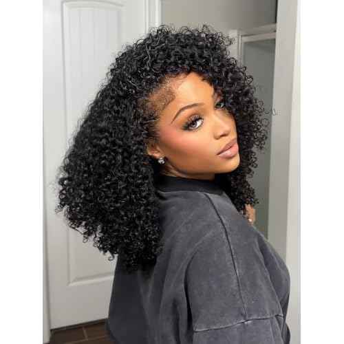 ORIGINAL QUEEN Kinky Curly Half Wig Human Hair Wear And Go Glueless Wigs Curly 3 In 1 Half Wigs for Women Drawstring Seamless Flip Over Glueless Wigs Beginner Friendly 18 Inch
