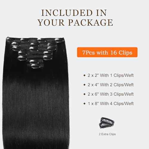 Clip in Hair Extensions Real Human Hair, Invisible Seamless Straight Remy Human Hair Extensions Clip ins for Women (1B Natural Black, 22'')