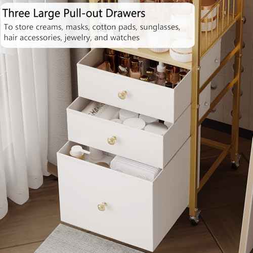 Makeup Organizer Cart with Drawers, Floor Skincare Organizers Make Up Organizers-Vanity Organizer Cosmetic Display Cases Holder for Skin Care Perfume Nail Polish Brush Hair Tool£¨Gold£©