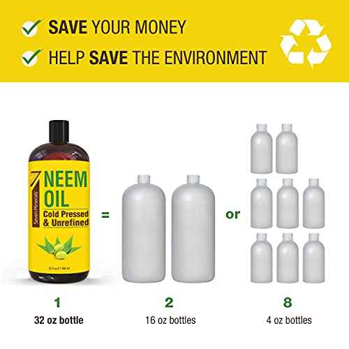 Seven Minerals Pure Cold Pressed Neem Oil - Big 32 fl oz Bottle - Non-GMO, Hexane Free, 100% Pure Neem Oil for Plants Spray, Skincare, & Haircare. Treats Dry Skin, Wrinkles, & Promotes Hair Growth