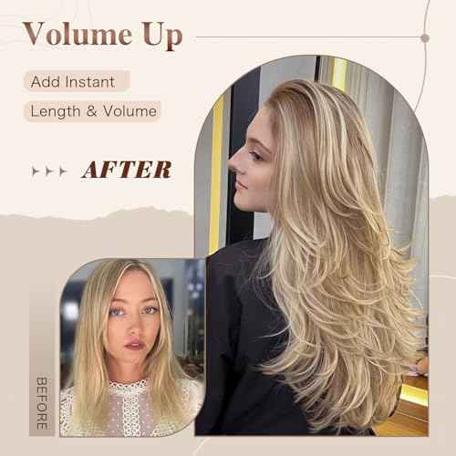Platinum Blonde Highlight Ombre Light Brown Wig Long Wavy Layererd Wigs with Curtain Bangs for White Black Women,Synthetic Blonde Highlight Layered Wig for Daily Party Use 24Inch