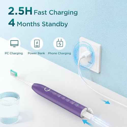 Electric Toothbrush for Adults with 8 Brush Heads, Sonic Toothbrush Rechargeable with a Holder & Travel Case, 2.5 Hours Charge for 120 Days Use - Purple