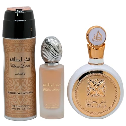 Lattafa Fakhar for Women 3 Piece Set (3.4 Oz Eau de Parfum Spray + 1.7 Oz Hair Mist + 6.7 Oz Deodorant Spray)