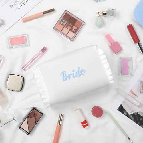 Etercycle Bride Cosmetic Bag, White Satin Bride To Be Makeup Bags Exquisite Embroidery Something Blue Bridal Shower Gifts, Ruffle Toiletry Bag For Engagement Wedding Bridesmaid Bachelorette Party
