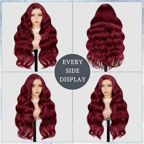 LuAiJa 9x6 Wine Red Body Wave Glueless Wigs Human Hair Dark Burgundy Wear and Go Glueless Wig 99J HD Lace Front Human Hair WIg 28 Inch Red Wigs Pre Everything 200% Density for Women