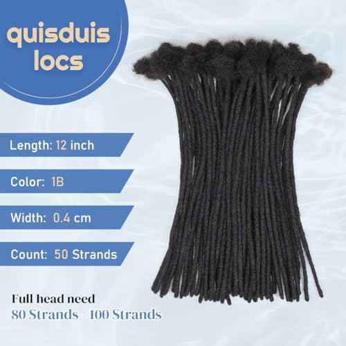 12 inch Loc Extensions Human Hair, 50 Strands Permanent Dreadlock Extensions Human Hair 0.4cm Width 100% Full Handmade Dreads Can Be Dyed and Bleached(black)
