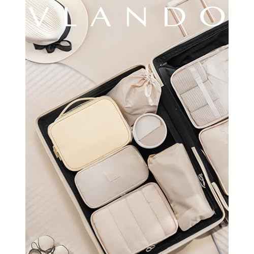 Vlando Travel Makeup Bag,Portable Cosmetic Bag Makeup Case Organizer, Makeup Bag with Adjustable Dividers for Women,Girls,Wedding,Cosmetic Brushes,Toiletry,Gifts,Anniversary-Beige
