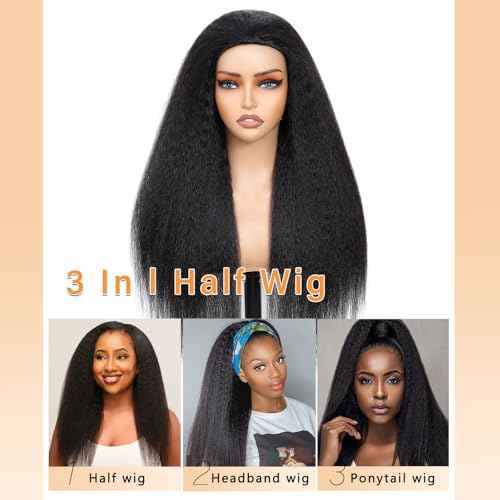 Kinky Straight Half Wig Human Hair 3 In 1 Seamless Flip Over Half Wigs for Black Women Ready to Go Headband Wig 180% Density Drawstring Kinky Curly Half Wig Glueless Natural Black 22 Inch
