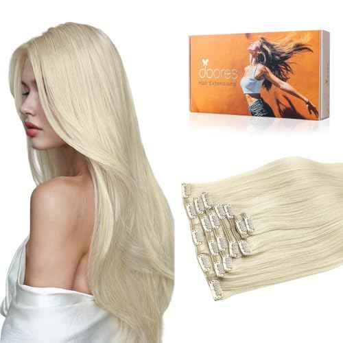 DOORES Hair Extensions Clip in Human Hair Platinum Blonde 20 Inch 120g 7pcs Clip in Real Human Hair Extensions Natural Human Hair Extensions Straight Thick