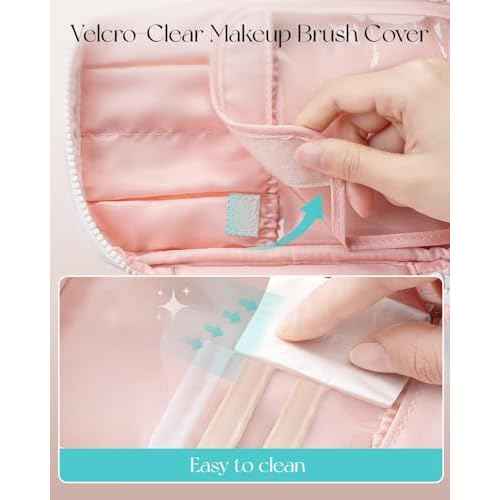 Vlando Travel Makeup Bag, Large Travel Toiletry Bag for Women Girl, Waterproof Cute Cosmetic Bag with Handle, Clear Make up Bag for Cosmetic, Brushes, Skincare-Apricot Pink