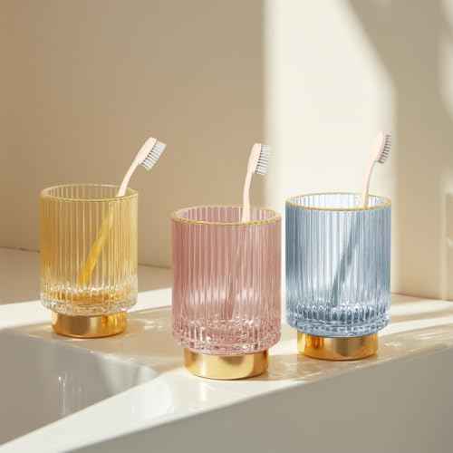 Makeup Brush holder Organizer, Crystal Glass Toothbrush Holders, Striped Make Up Brush Holder for Vanity, Pen Holder for Desk, Vase -Pink (S+L)