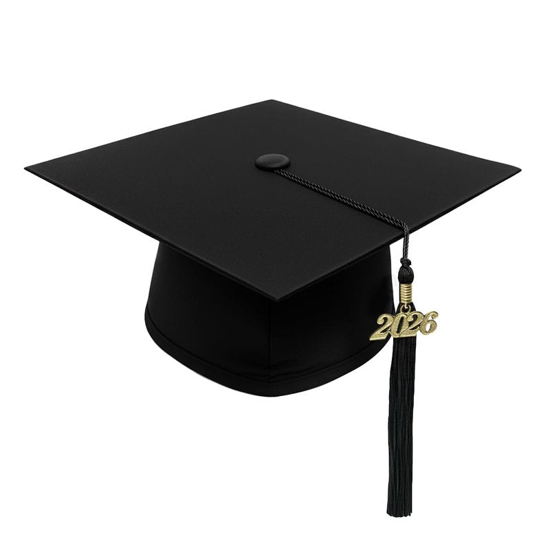 CLERKMANS Black Graduation Cap with Black Tassel Includes 2026 Date Drop - 6” Hang Loop - One Size Fits All