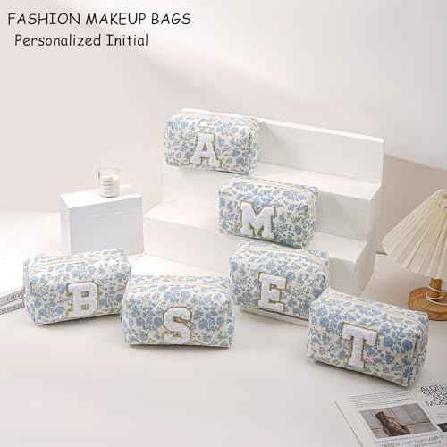 Gleyemor Personalized Initial Makeup Bag for Women, Cute Quilted Blue Floral Cotton Cosmetic Bag, Christmas Gifts for Her Mom Friend Sister Bridesmaid Teacher Women S
