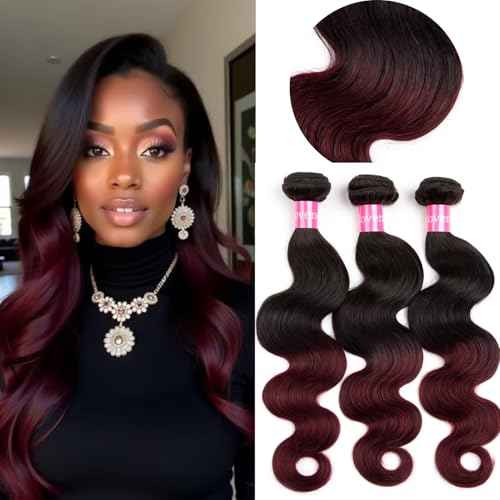 Ombre Brazilian Virgin Hair Body Wave Human Hair Bundles 12+14+16 inch 3 Bundles 100% Virgin Hair Bundles 2 Tone Black to Burgundy Human Hair Weave(12 14 16, T99J#)