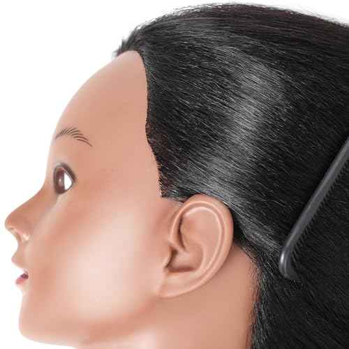 Mannequin Head with 100% Real Hair, 14" Cosmetology Mannequin Manikin Training Practice Doll Head for Hairdresser Braiding Hair Styling Hairdressing and Clamp Holder- Black