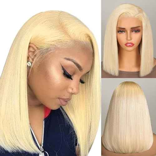 16 Inch Blonde Bob Wig Human Hair Pre Plucked with Baby Hair Straight 613 Bob Wig Human Hair 180 Density 13x4 HD Transparent Lace Blonde Short Wigs 613 Glueless Wigs for Women