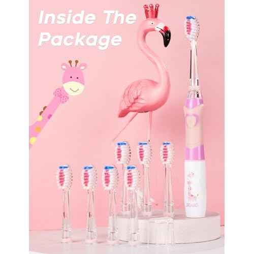 SEAGO Kids Electric Toothbrush with 2 Mins Brushing Timer and 8 Replacement Bursh Heads,Rainbow LED Light Make Brushing Fun, Pink Color Girls Battery Powerd Toothbrush for 4-12 Years Old