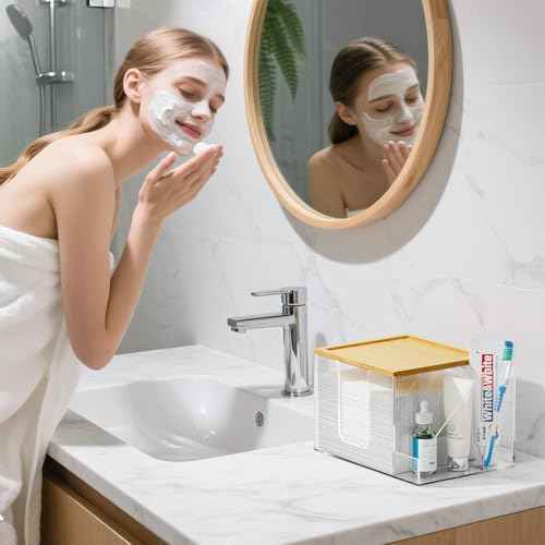 VITVITI Disposable Face Towel Holder Box, Acrylic Clean Skin Club Facial Towel Container with Toothbrush Holders, Large Disposable Face Towels Storage for Bathroom Vanity Makeup, Clear