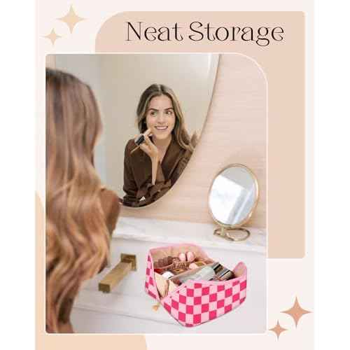 Bistup Makeup Bag Travel Cosmetic Bag Toiletry Make Up Bags Cute Women Large Capacity Big Medium Leather Checkered Plaid Hotpink Aesthetic Girl Teen Teenage Foldable Expandable Open Flat Zip