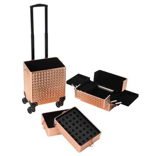 Rolling Train Case 4-in-1 Portable Makeup Train Case Professional Cosmetic Organizer Makeup Traveling case Trolley Cart Trunk (rose gold)