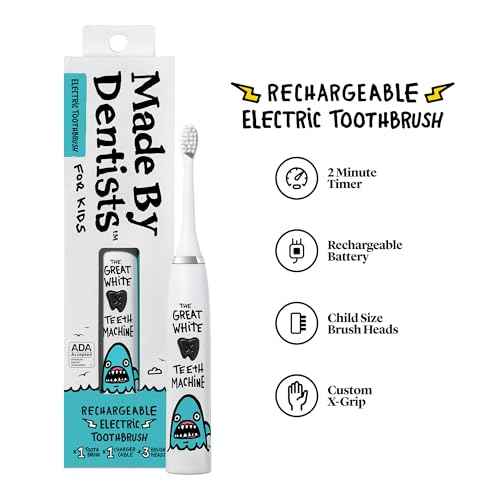 Made by Dentists Kids Electric Toothbrush - Rechargeable Vibrating Toothbrush with Timer, Includes 6 Replacement Heads, Gently Cleans Teeth, Girls and Boys, Kid & Toddlers Age 2+, Shark