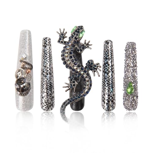 LOVFUL Press on Nails Mr Gecko | Handmade with Full Covered Crystals | Reusable Fake Nails | Coffin Long 2.2 in | H62-M