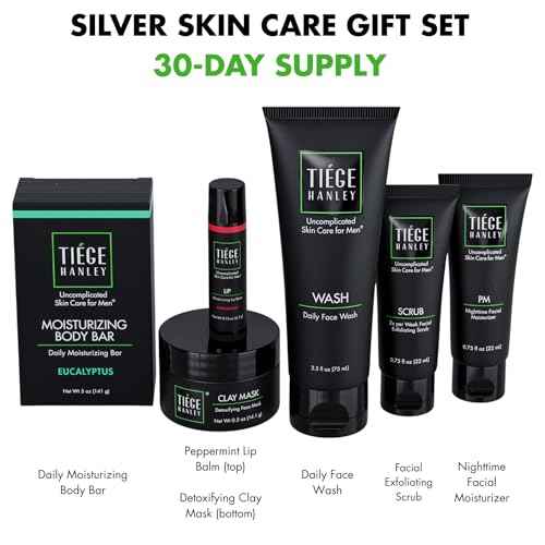 Tiege Hanley Skin Care Gift Box for Men, Silver Gifting Skincare Set With Daily Face Wash, Exfoliating Scrub, AM & PM Moisturizer, Clay Mask, Lip Balm, & Body Bar Soap, Men¡¯s Skin Care, 6 Piece Set
