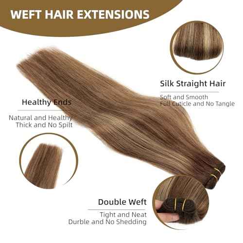 Sew in Hair Extensions Real Human Hair, 110g 24 inch Ombre Color 4/27/4 Balayage Chocolate Brown to Caramel Blonde Double Weft Weave Bundles Remy Human Hair Extensions Straight