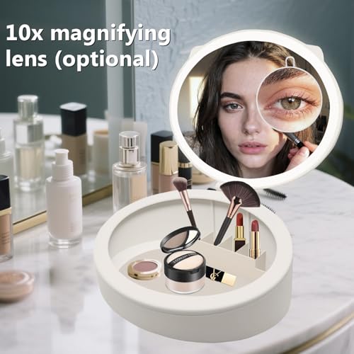 Makeup Mirror with Light, 4K high-Definition Touch Screen Travel Vanity Mirror with 3 Types of Lights, USB Charging, Detachable 3-inch 10x Magnifying Glass (White)