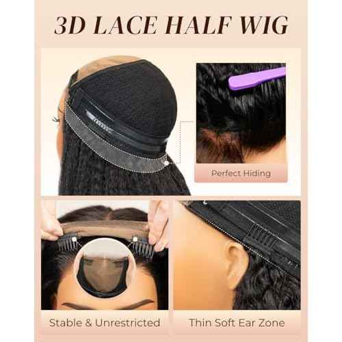 Arabella Yaki Half Wig 100% Human Hair Updated Half Wigs Yaki Straight Human Hair Glueless Wig Draw String Wigs Pre Plucked Cut Bleached Knots 6x6x2 3D Lace 3 in 1 Wig for Women 200% Density 16 Inch