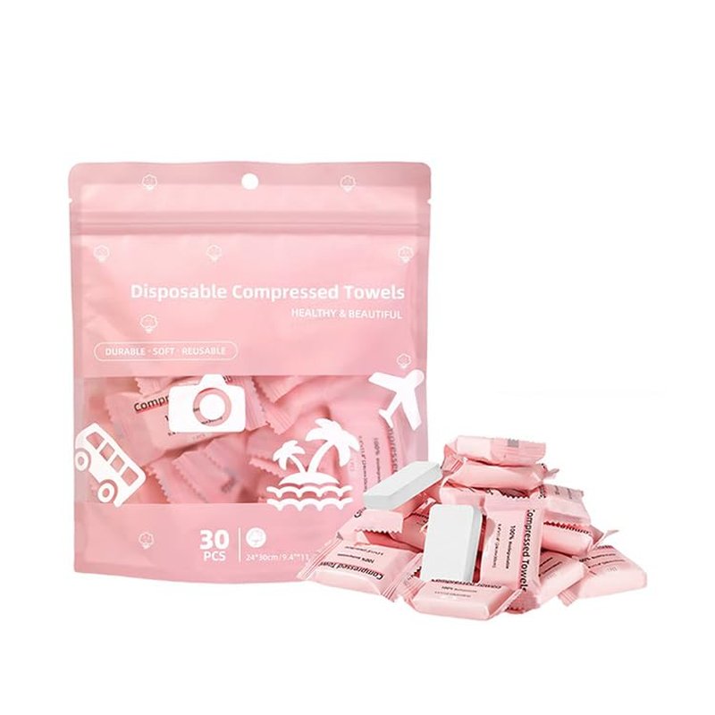 Compressed Face Towels - Ultra Soft Portable Washcloth Tablets for Travel | Pink, 30pcs