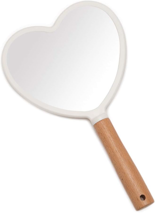 YEAKE Hand Held Mirror with Handle for Makeup,Small Cute Wood Hand Mirror for Shaving with Hole Hanging Single-Sided Portable Travel Vanity Mirror for Men&Women(Heart)