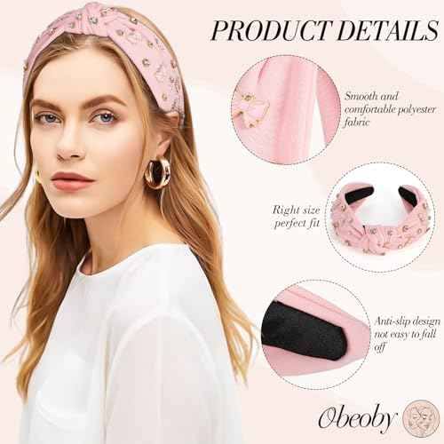 obeoby Bow Headbands for Women, Pink Knotted Teacher Headband Non Slip Wide Hairband Stocking Stuffers for Women Girls