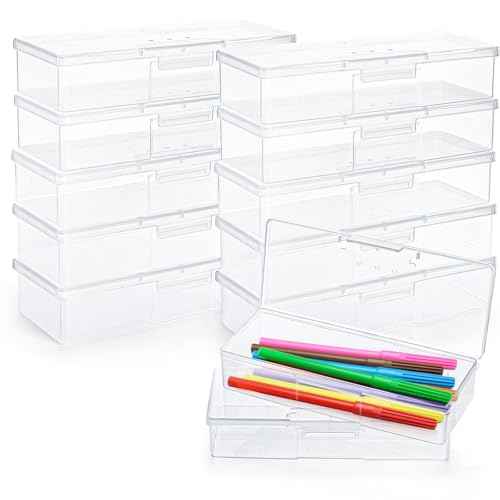 ZOOFOX 12 Pack Plastic Nail Storage Box, Stackable Pencil Case with Hinged Lid and Snap Closure, Clear Rectangle Box for Organizing Manicure Pedicure Kit, Crayon, Beads, Jewelry, Office Supplies