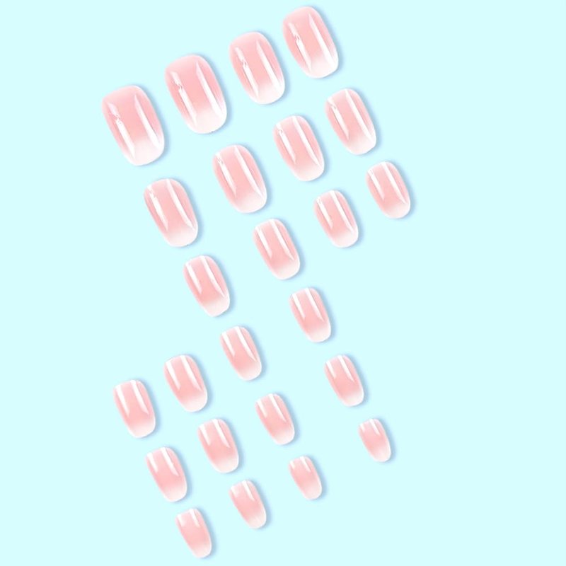 RUPOFUZA Almond Press on Nails Short Squoval Fake Nails Pink Ombre White False Nails with Glossy Press ons Designs Acrylic Press on Artificial Stick on Nails for Women 24Pcs