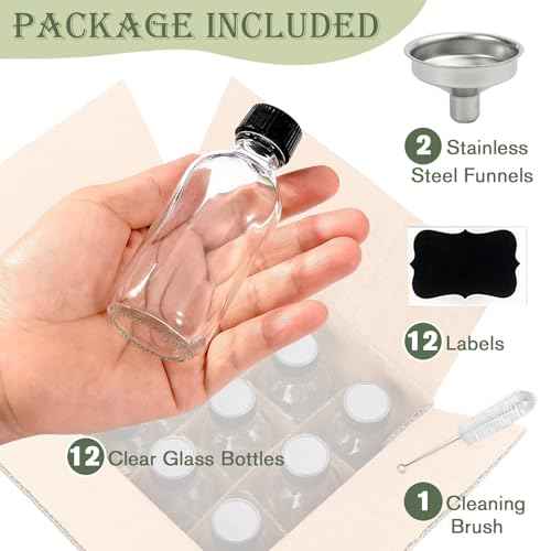 Glass Bottles with Lids and Funnels, 12 Pack 2oz Mini Tavel Bottles-Leakproof Boston Round Glass Bottles for Diy Essential Oils, Perfumes, Cosmetics-Travel Essential