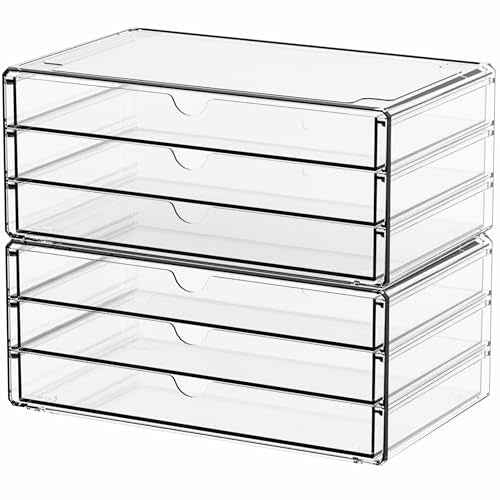 Yieach 2 Pack Acrylic Storage Drawers With 6 Drawers,Stackable Desk Organizer and Makeup Organizer,Large Clear Office Supplies Organizer for Pen,Stationary,Palettes,Arts Craft Organizers and Storage