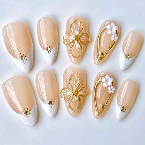 Handmade Press On Nails Medium Almond Shape White French 3D Floral & Star Design with Gold Accents | Elegant Fake Nails Reusable Acrylic Nail Tips with Crystals & Soft Beige Base (Elegant White, M)