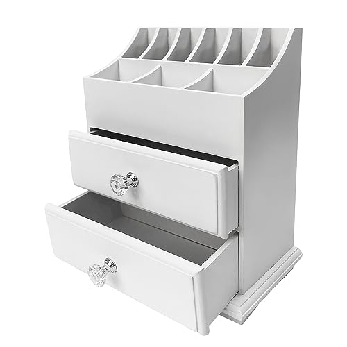 White Wood Cosmetics Organizer Makeup & Beauty Accessories Storage Rack with Drawers for Neat & Organize Storing of Makeup Tools Small Accessories at Home & Office Vanities & Bathroom Counter-top