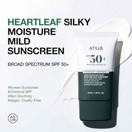 Anua Heartleaf Silky Moisture Mild Sunscreen, Broad Spectrum SPF 50+ with Moisturizing Formula, Lightweight Korean Sunscreen, Natural finish, Vegan, korean skin care 50ml / 1.69 fl. oz.