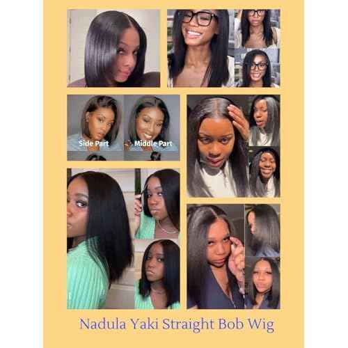 Nadula Yaki Straight Bob Drawstring Wig Human Hair Glueless Pre Cut 7x5 HD Bye Bye Knots Lace Front Wig Pre Plucked Invisible Knots Ready to Wear Short Light Yaki Bob Wigs 150% Density 12inch