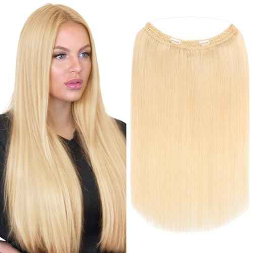 Elailite Halo Hair Extensions Real Human Hair for Women Platinum Blonde Clip in Remy Hairpiece with Adjustable Invisible Straight 18 Inch 65G