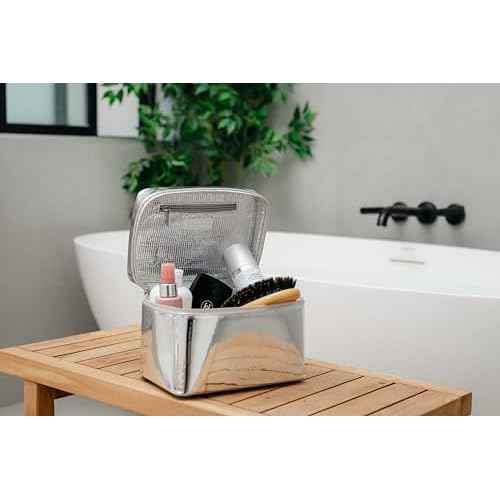 Stay Golden Metallic Silver Insulated Waterproof Makeup Bag for Women Heat-Resistant Travel Cosmetic & Toiletry Bag | Luxurious Vegan Leather Portable Makeup Organizer - Large