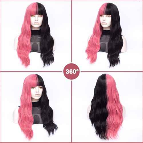 MORTICIA Long Loose Wavy Half Pink and Half Black Full Bang Wig