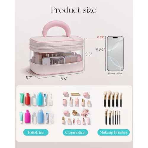 Vlando Travel Makeup Bag, Large Travel Toiletry Bag for Women Girl, Waterproof Cute Cosmetic Bag with Handle, Clear Make up Bag for Cosmetic, Brushes, Skincare-Apricot Pink